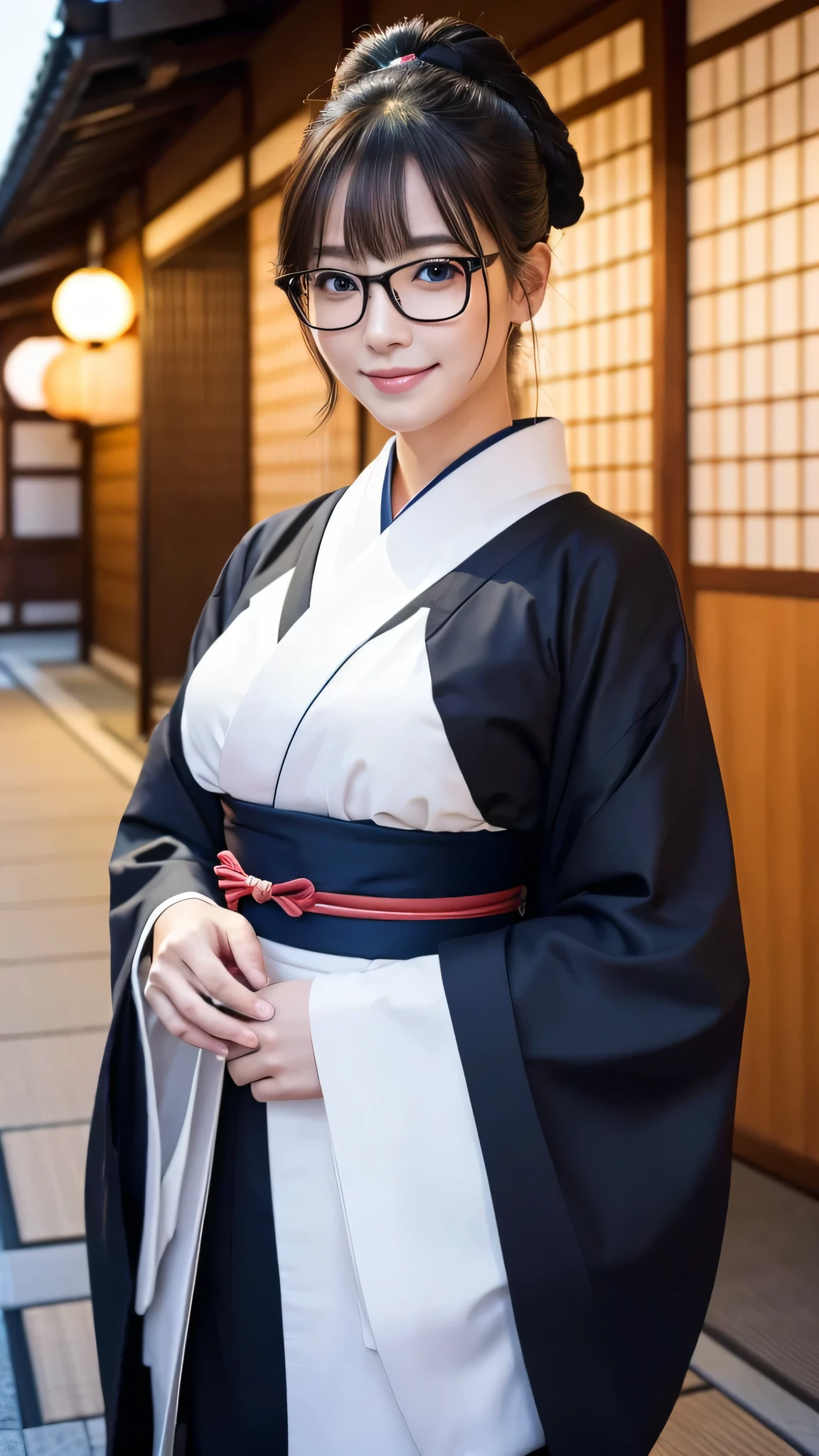 (Super beautiful woman in kimono)、((highest quality、8K masterpiece:1.3))、sharp focus:1.2、(super beautiful face:1.0)、(shiny skin:1.0)、realistic pictures、black hair、video lighting、High resolution eyes and face、video lighting、japanese actress、from the front、big breasts、with a happy smile、Slender abs beauty、whole body、wearing a kimono、in Kyoto、(((luxury obi)))、In Kyoto at night、wearing glasses with no edge、with a fan