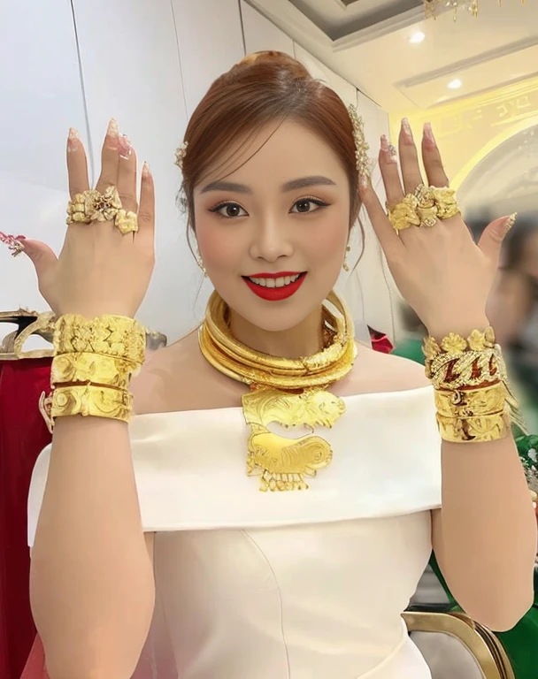 Close-up of woman wearing red dress and gold jewelry, traditional beauty, Wear gold jewelry, Vietnamese woman, gold and red, Niwan Chandra, Southeast Asia that has existed for a long time, traditional chinese, red and gold, Chinese woman, Southeast Asians with round faces, beautiful oriental woman, Sukhothai dress, asian woman