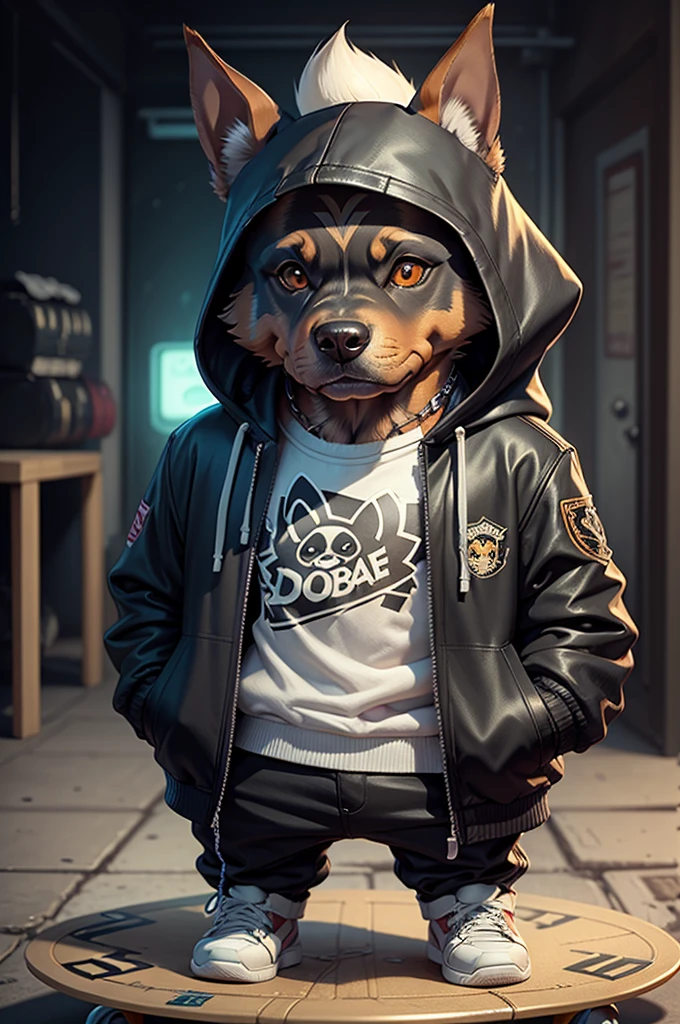 C4tt4stic, Cartoon Doberman dog in a skateboard with a jacket（Body hair is black、Details of the appearance of the Doberman）X