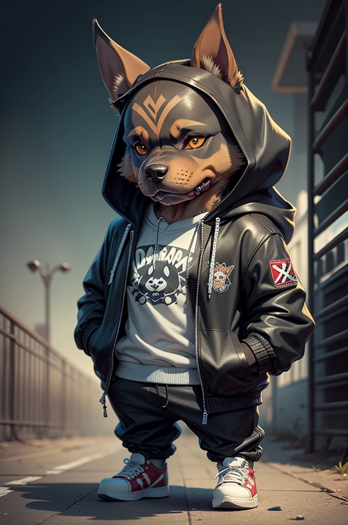 C4tt4stic, Cartoon Doberman dog in a skateboard with a jacket(Body hair is black、Details of the appearance of the Doberman)X