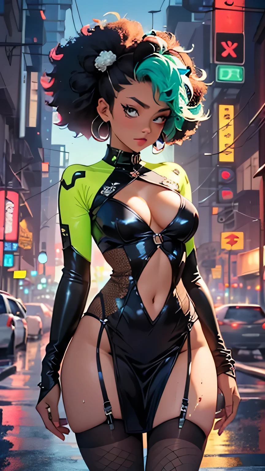 girl spacepunk,(((1girl))),((cute and beautiful afro haired girl)),((((black race)))), (large breasts:1.4),saggy breasts,((((Neon Green afro hair:1.35,((afro hair:1.35)),afrohair,afro:1.35,dark hair, Neon Green hair,Double hair bun:1.3)))),medium hair,((heterochromia:1.5, (yellow_eye and red_eye))),intricate eyes,beautiful detailed eyes,symmetrical eyes,((fat)),((((tan,dark skin,black skin:1.35,dark-skinned_female,dark skin:1.3,ebony skin,lustrous skin:1.5,bright skin: 1.5,shiny skin,very shiny skin,shiny body,illuminated skin,wet legs)))),(spider lower abdomen,narrow waist,wide hip,athletic body,inflated legs),(((detailed face))), cute,slutty,sensual,seductive look,seductive,erotic,enchanting,((nsfw)), revealing clothing,show skin,(((neon green fishnet dress))),((slave collar)),(((wet clothes,intricate outfit,intricate clothes))), (dynamic pose:1.0),solo focus,embarrassed,(centered,scale to fit dimensions,Rule of thirds), cyberpunk city by the ocean at night, with bright neon signs and dark stormy clouds and puddles, scenery:1.25, artistic photography,(photography taken by sldr),highres, sharp focus, (ultra detailed, extremely detailed), (photorealistic artwork:1.37),(extremely detailed CG unity 8k wallpaper),((synthwave background theme)),(((vibrant colors))),(intricate background),(masterpiece),(best quality),