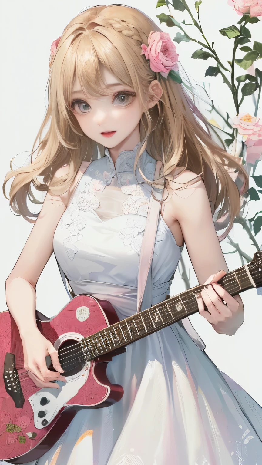 (((Pure white wall background)))、(((Best image quality、8K、Beautiful woman、White wall background)))、guitarist、play the guitar、(((Woman with long hair、Blonde、Girly Hairstyles)))Calm expression、Laughter、(((Botanical pattern dress、White and pink dress、)))Stylish imagery(((I'm wearing a floral dress)))、(((Pure white background)))