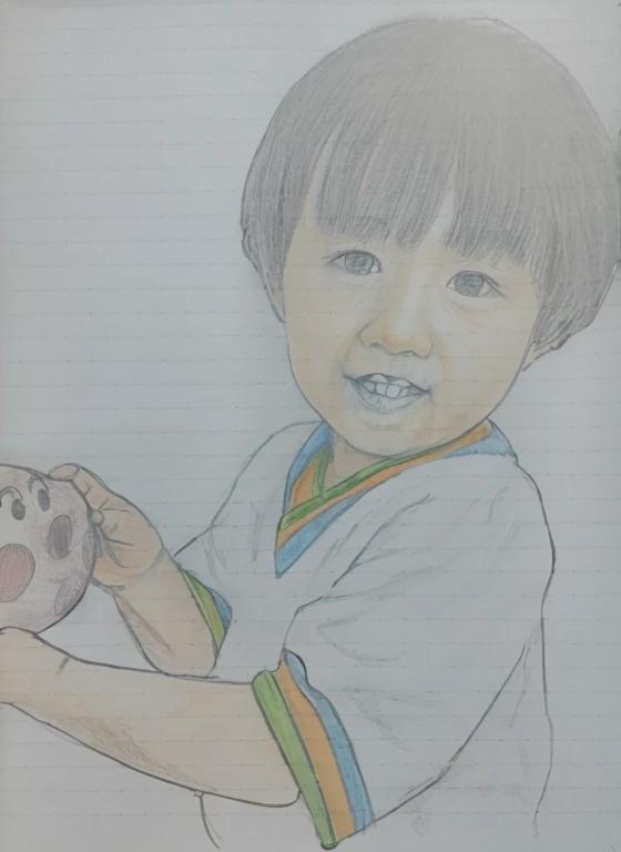 Realistic color photography style、Smiling emphasizes nasolabial folds. Make the chin a little thinner and accentuate the nasolabial folds.、I want it to look more like a color photograph.......。3 year old boy, Xu々To、Clearly visible、鼻から口Toかけての深いほうれい線を強調します、Generate left and right dimples、Show me your beautiful smile.。Make your eyes look cute with double eyelids.Anpanman's emoticon holding bread。