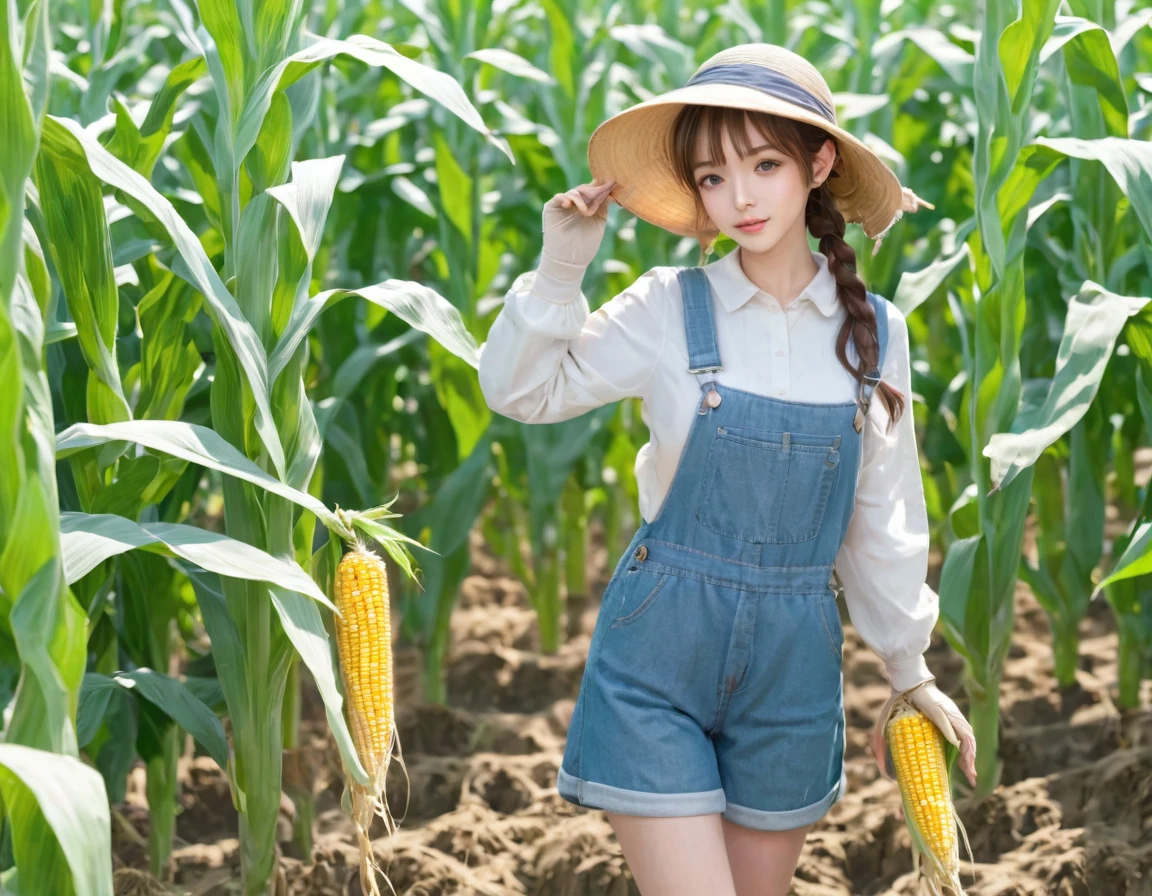 BREAK Perfect Anatomy、(High resolution:1.2)、Incredible illustrations、(Cute illustrations:1.2)、()
(cinematic angle,solo focus,) (Beautiful background(vegetable field),
1girl(brown hair,twin tails) a girl,elf 1.7meters, 45kg,flat chest,
(straw hat,towel around neck,denim overalls,,oversized long sleeve shirt,work gloves)
A girl harvesting corn from a corn field