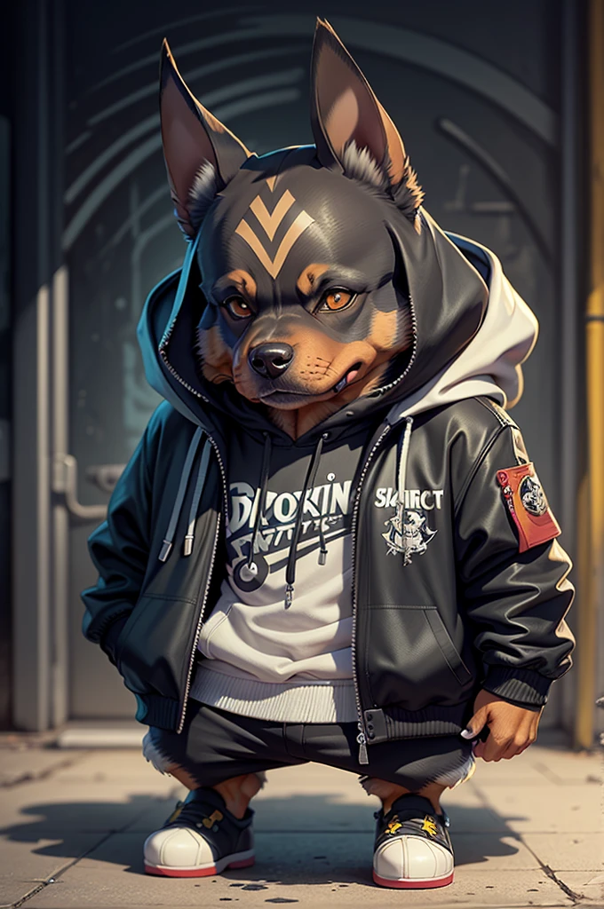 Portret C4tt4stic, Cartoon Doberman dog in a skateboard with a jacket(Body hair is black、Details of the appearance of the Doberman)X