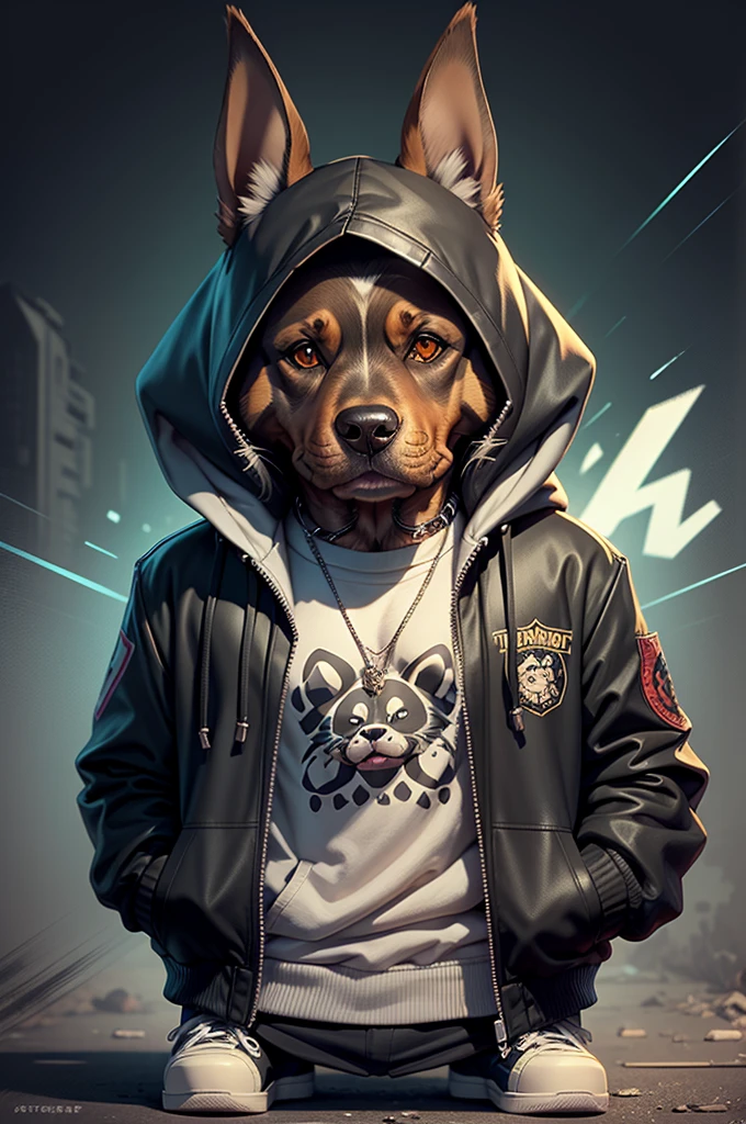 Portret C4tt4stic, Cartoon Doberman dog in a skateboard with a jacket（Body hair is black、Details of the appearance of the Doberman）X