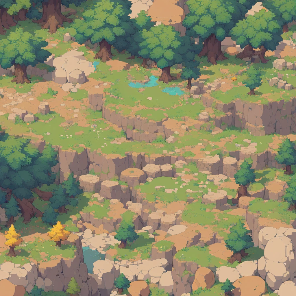 retro video game style,pixelated, vibrant pastel colors,8-bit characters,blocky shapes,sharp lines,detailed shading,classic gaming vibe,nostalgic atmosphere,classic arcade games,masterpiece:1.2,ultra-detailed,illustration style, 2d texture, stone texture, 4 k seamless mud texture, video game texture, dirt texture, tileset, game tiles, grass, 3/4th perspective trees, 3/4th perspective tileable rock texture, 3/4th perspective tileable cliff formations, tileable trees, topdown view, game texture, game art, tileable texture, very detailed cliff texture, intricate stones, top down view, 3/4th perspective