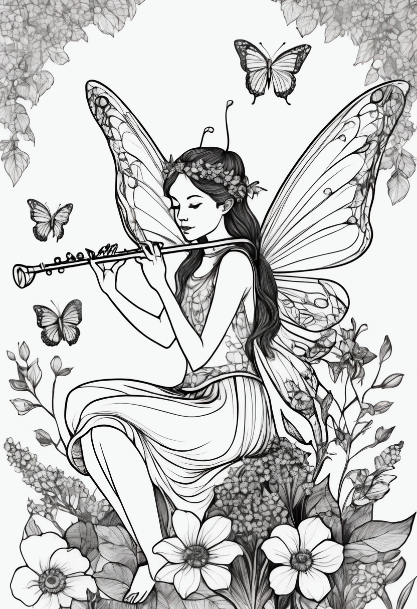 A fairy sitting on a large flower, playing a flute. clean line art, white background, colouring page, clean outline, sketch style, clean lines, details line work, floral design, butterfly