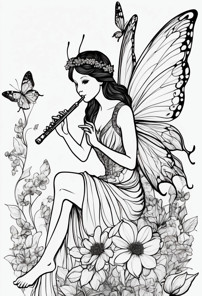 A fairy sitting on a large flower, playing a flute. clean line art, white background, colouring page, clean outline, sketch style, clean lines, details line work, floral design, butterfly