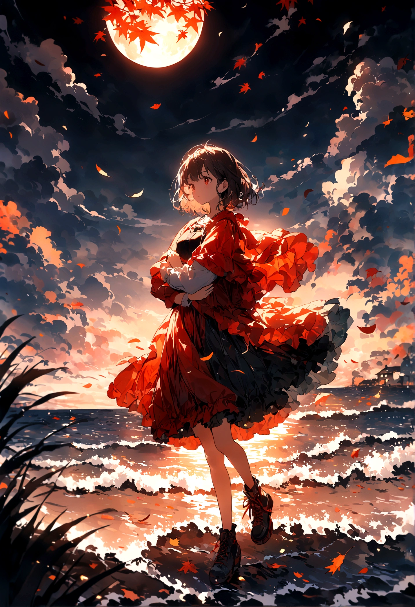 wallpaper,masterpiece,Best quality,Stills,Two women hugging,Full Moon,Autumnal,seaside