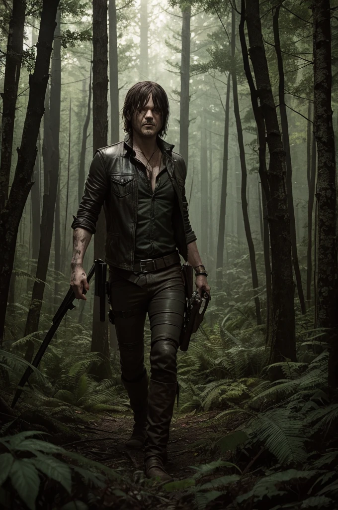 70s dark fantasy art, the walking dead style, illustration, daryl dixon in a.forest surrounded with living dead
