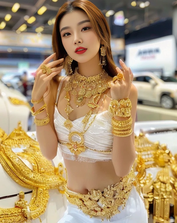 Close-up of woman wearing red dress and gold jewelry, traditional beauty, Wear gold jewelry, Vietnamese woman, gold and red, Niwan Chandra, Southeast Asia that has existed for a long time, traditional chinese, red and gold, Chinese woman, Southeast Asians with round faces, beautiful oriental woman, Sukhothai dress, asian woman
