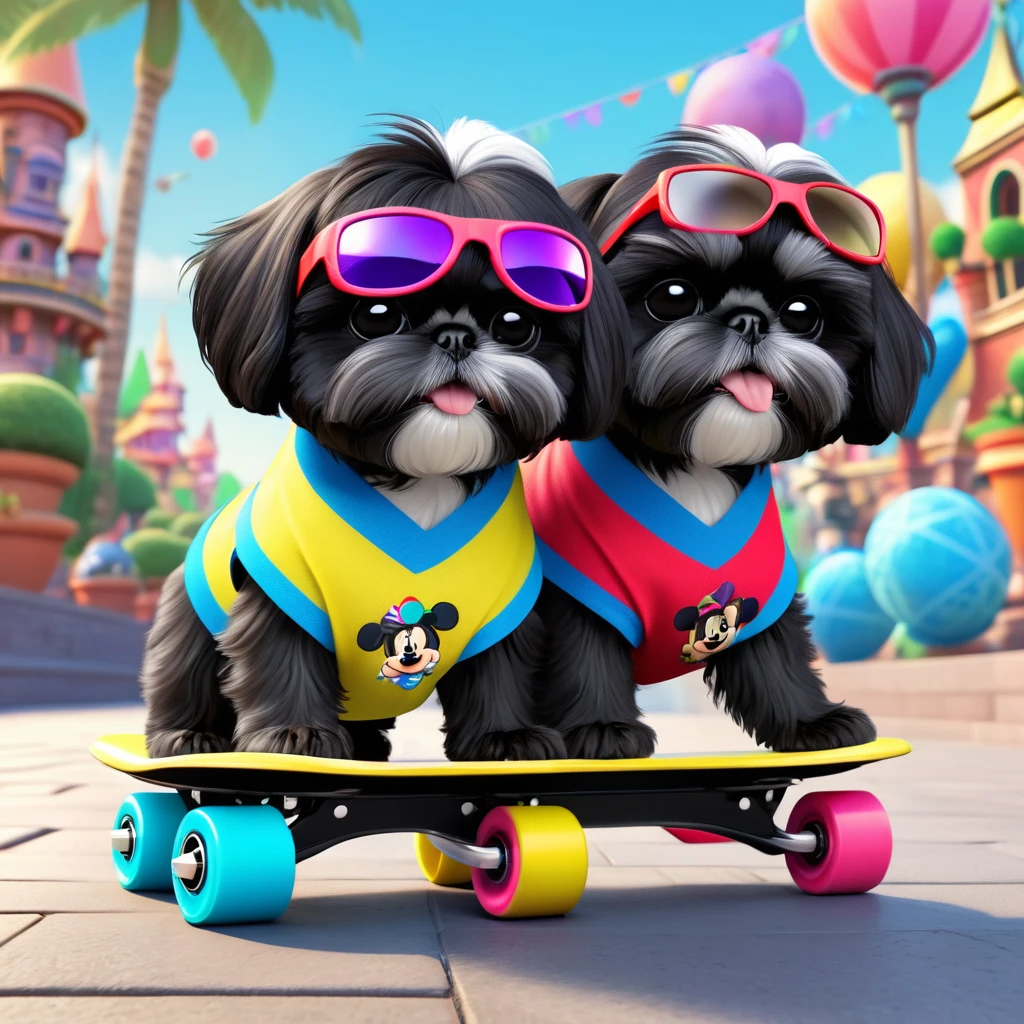 2 Adorable small black Shih Tzu puppies wearing bright bandannas and sunglasses rollerblading Disney background 3d cartoon 3d render disney pixar style