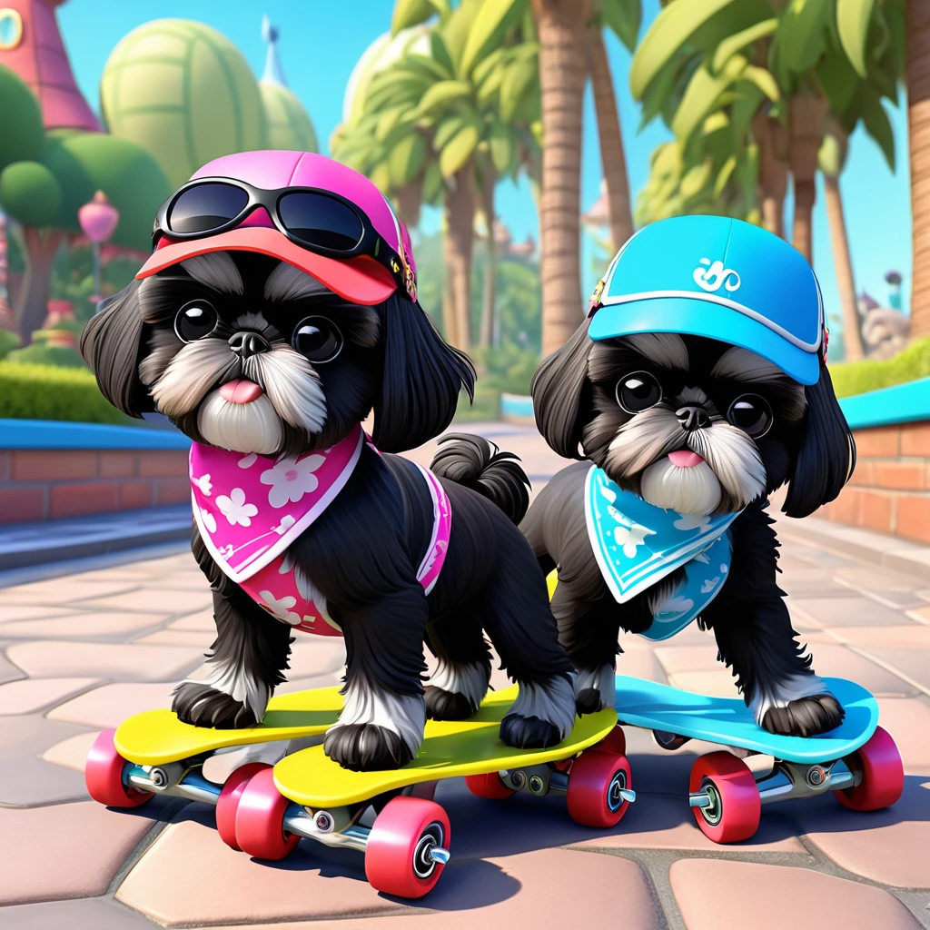 2 Adorable small black Shih Tzu puppies wearing bright bandannas and sunglasses rollerblading Disney background 3d cartoon 3d render disney pixar style