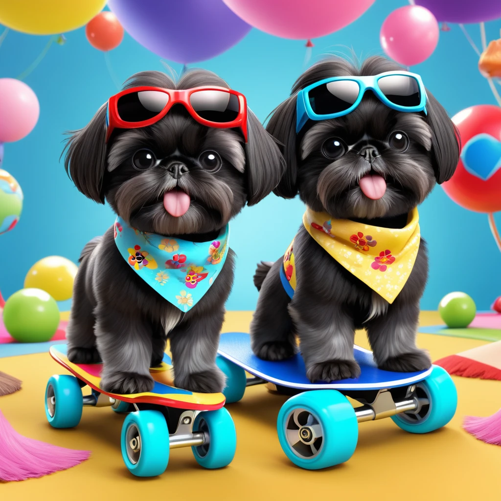 2 Adorable small black Shih Tzu puppies wearing bright bandannas and sunglasses rollerblading Disney background 3d cartoon 3d render disney pixar style