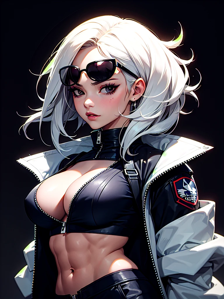 ((Portrait)), She has a Ruthless and Muscular Appearance, with Adult Charm, Fair Skin and a Robust Build. She Expresses a Strong and Proud Look, Giving Off a Self-Confident Attitude. She has Black Eyes, Her Hair is Short and Tousled, Dark Blue Gradient, with Uneven Strands Falling Around Her Face. She Wears an Oversized, Open Black Bomber-style Jacket, with a Zip Up High-neck Crop Top, Revealing Her Midriff. She Also Wears Sunglasses. ((Portrait, HDR, Dark Background))