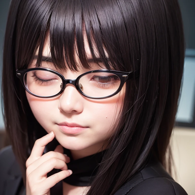 a masterpiece portrait of a beautiful young woman with a small face and a cute expression, wearing glasses , With closed eyes wearing a crow mask, wearing a black formal blazer and a short skirt, in an office setting, shot with a DSLR camera, high-quality 8k UHD image with realistic skin details, detailed facial features, rim lighting, lying on the bed