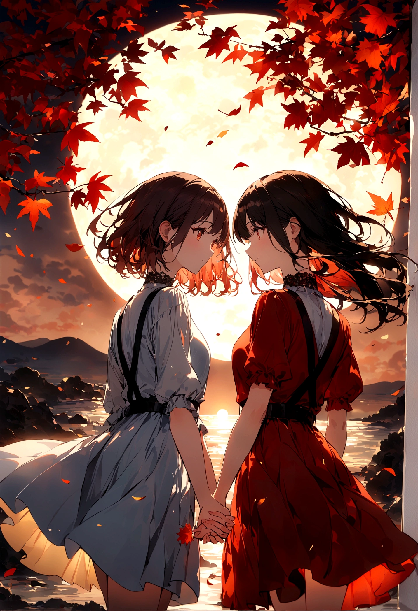 wallpaper,masterpiece,Best quality,Stills,Two women holding hands,Full Moon,Autumnal,seaside