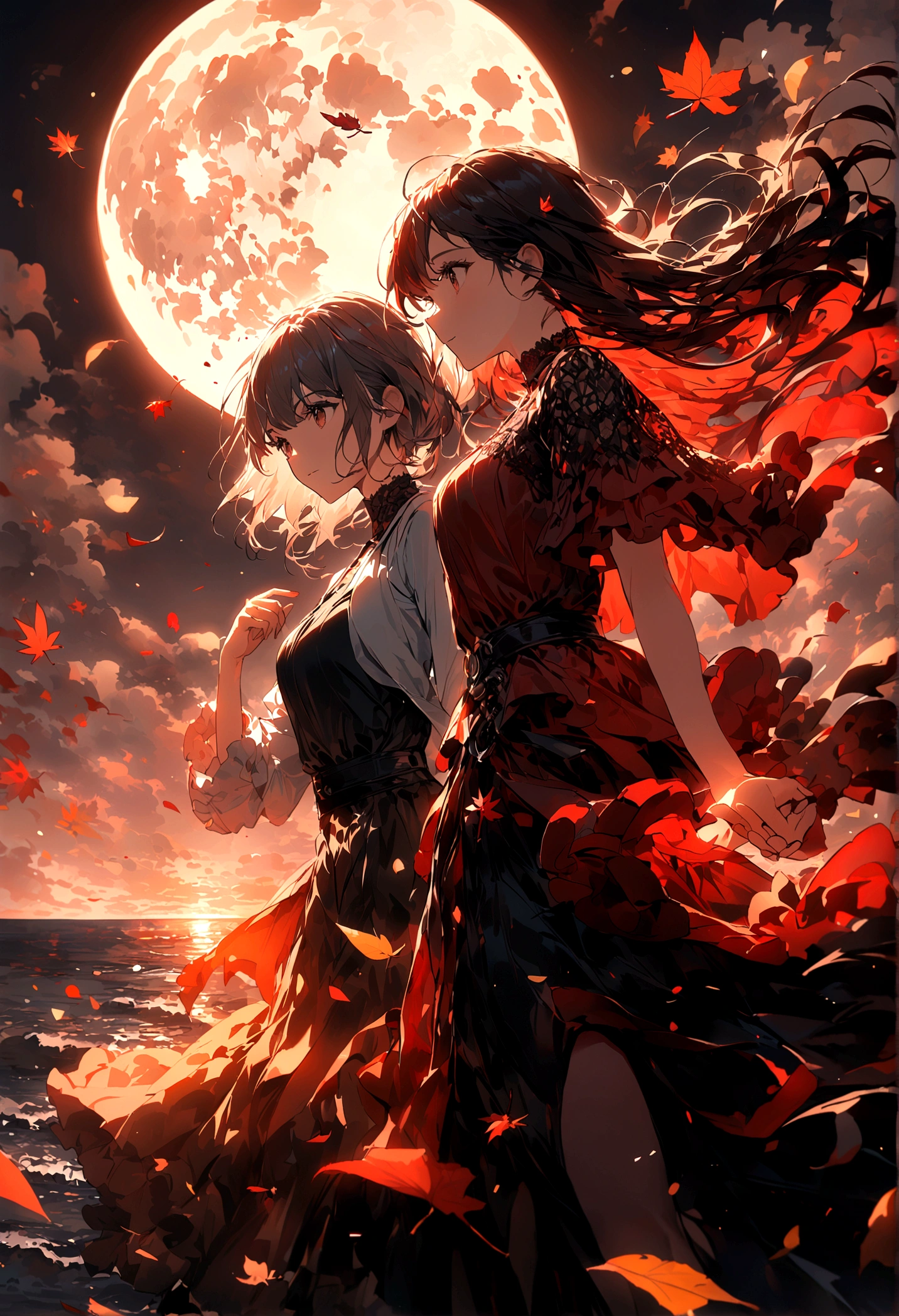 wallpaper,masterpiece,Best quality,Stills,Two women holding hands,Full Moon,Autumnal,seaside