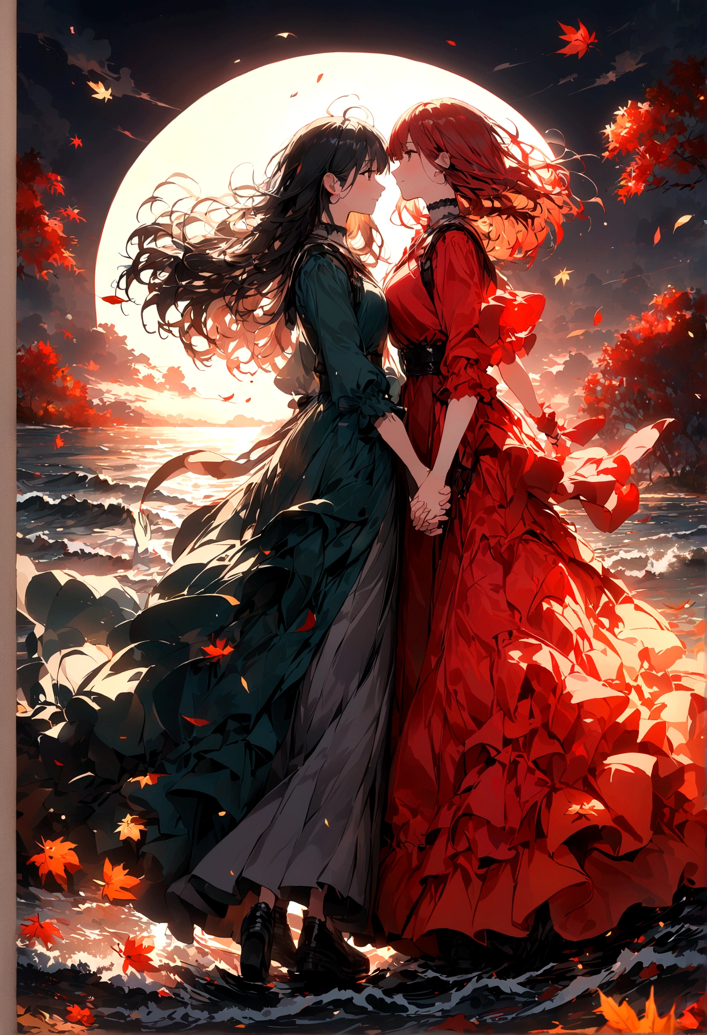 wallpaper,masterpiece,Best quality,Stills,Two women holding hands,Full Moon,Autumnal,seaside