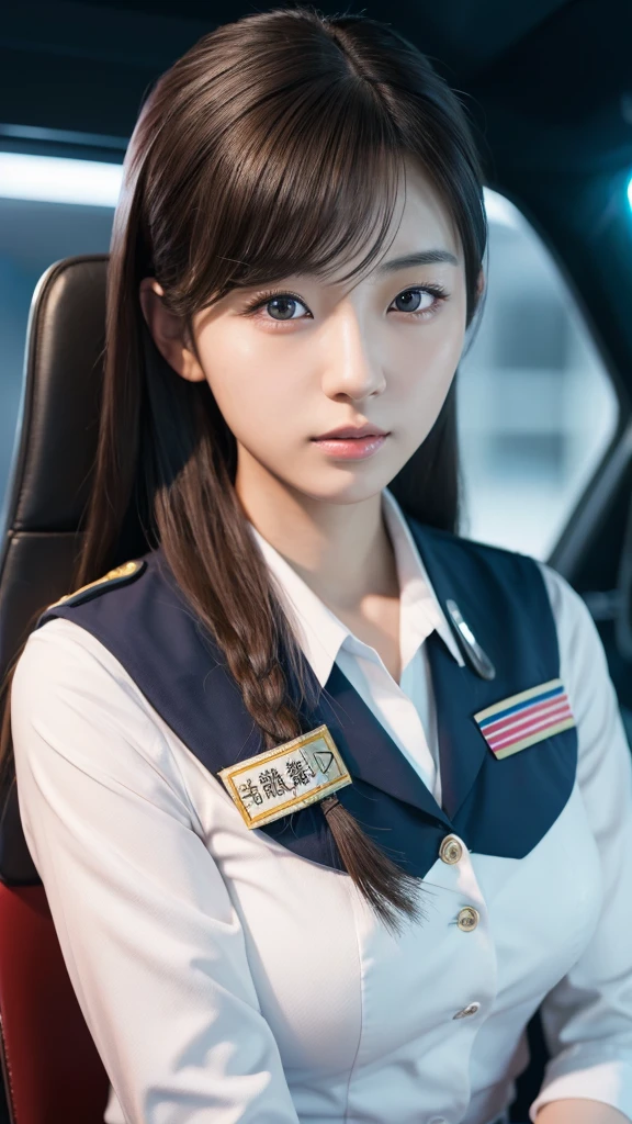 A beautiful young Japanese woman, around 20 years old, wearing a stewardess uniform, ultra-detailed, 8K resolution, highly realistic, cinematic lighting, best quality, masterpiece, photorealistic, physically-based rendering, extremely detailed, vivid colors, professional, sharp focus, studio lighting