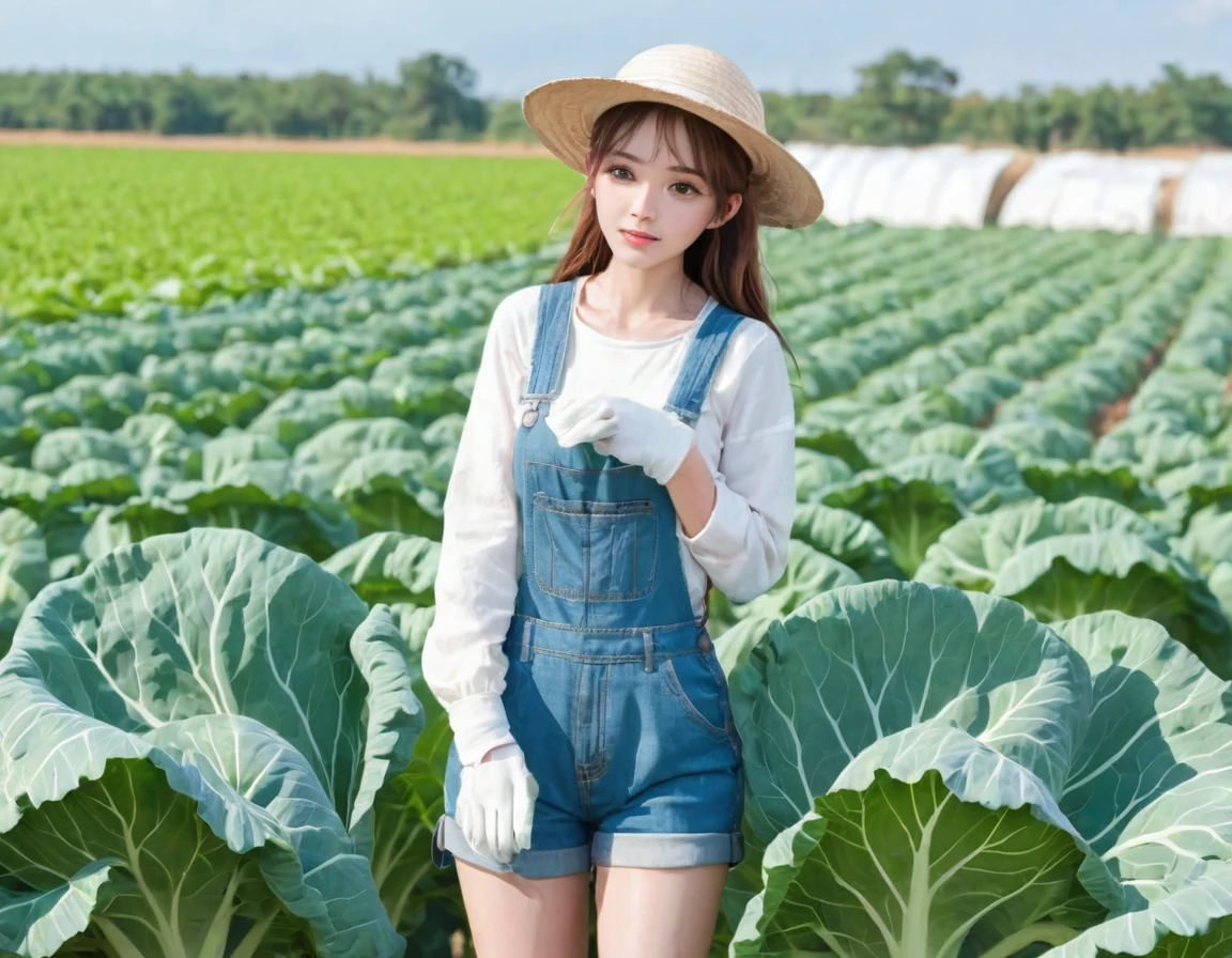 BREAK Perfect Anatomy、(High resolution:1.2)、Incredible illustrations、(Cute illustrations:1.2)、()
(cinematic angle,solo focus,) （Beautiful background（vegetable field),
  1girl(brown hair,twin tails) a girl,elf 1.7meters, 45kg,flat chest,  
  (straw hat,towel around neck,denim overalls,,oversized long sleeve shirt,work gloves)
vegetable field
A girl harvesting cabbages from a cabbage field
