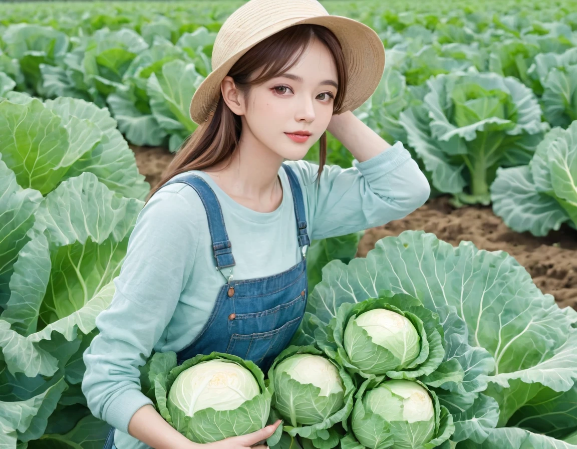 BREAK Perfect Anatomy、(High resolution:1.2)、Incredible illustrations、(Cute illustrations:1.2)、()
(cinematic angle,solo focus,) （Beautiful background（vegetable field),
  1girl(brown hair,twin tails) a girl,elf 1.7meters, 45kg,flat chest,  
  (straw hat,towel around neck,denim overalls,,oversized long sleeve shirt,work gloves)
vegetable field
A girl harvesting cabbages from a cabbage field
