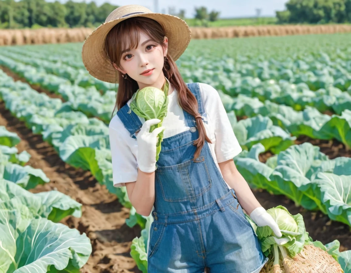 BREAK Perfect Anatomy、(High resolution:1.2)、Incredible illustrations、(Cute illustrations:1.2)、()
(cinematic angle,solo focus,) (Beautiful background(vegetable field),
1girl(brown hair,twin tails) a girl,elf 1.7meters, 45kg,flat chest,
(straw hat,towel around neck,denim overalls,,oversized long sleeve shirt,work gloves)
vegetable field
A girl harvesting cabbages from a cabbage field