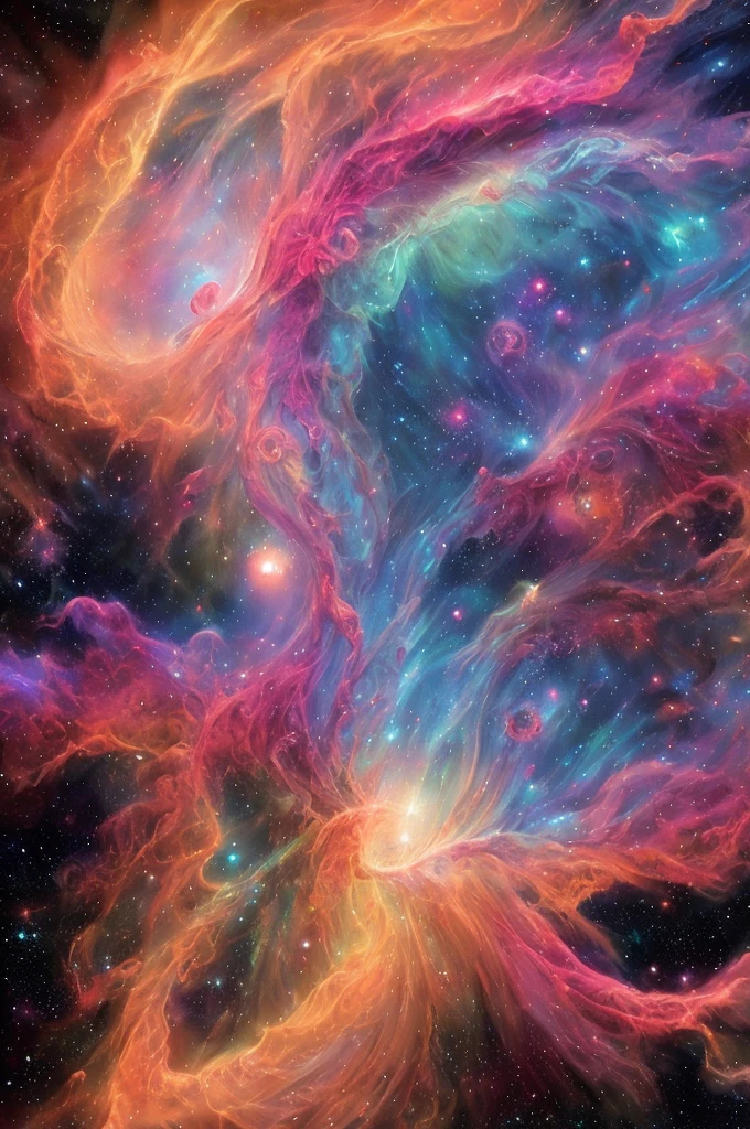 inconceivable and spectacular a scene of emergence of a figure from the glowing cloud, fractal nebula threads, cosmic entities, celestial, cosmic, vibrant and vivid, swirls, twirling, unrealistic, high contrast, symobolism, magical, mystical, mystifying, hyperrealistic, oversaturate, colorfully