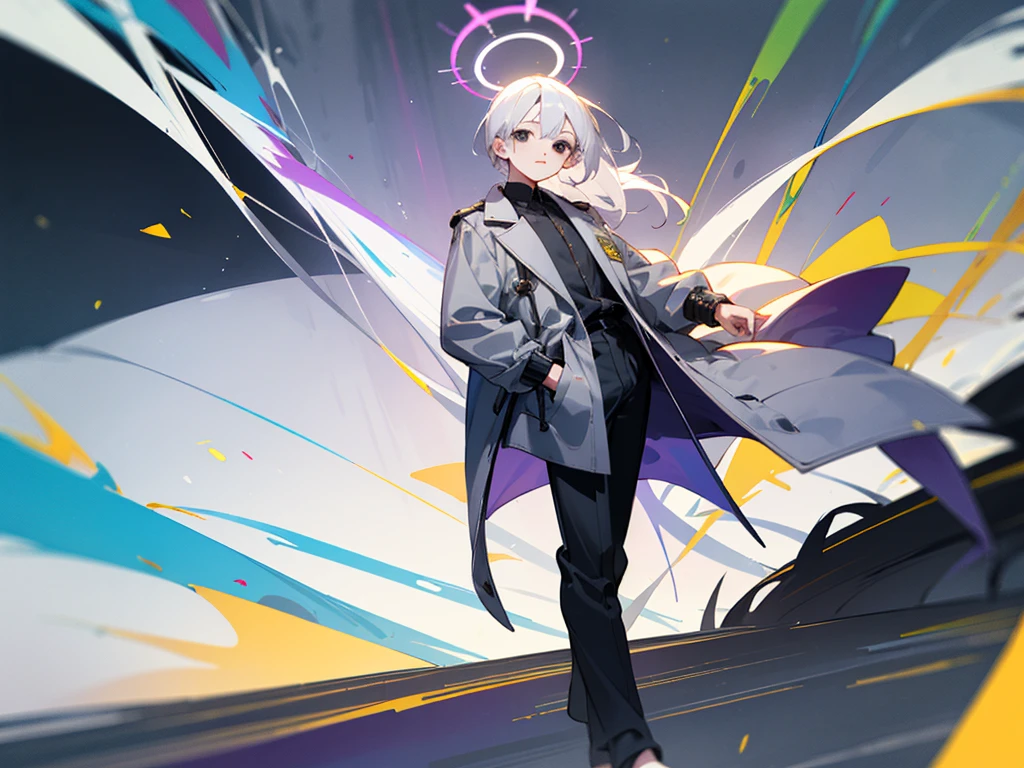 boy, white, white hair, he is wearing a gray a little purple jacket, black slippers,black comfortable cotton pants ,black eyes with green in the middle, the hair is medium and not that long,i have big a red halo above his head he look 14 years old,his height 5'5*