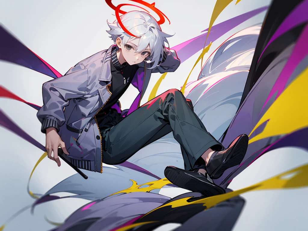 boy, white, white hair, he is wearing a gray a little purple jacket, black slippers,black comfortable cotton pants ,black eyes with green in the middle, the hair is medium and not that long,i have big a red halo above his head he look 14 years old,his height 5'5*