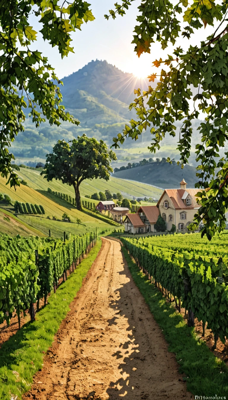 골든리트리버, A beautiful countryside landscape stretching across rolling hills. Two adult brown-furred golden retrievers are running down a country road, smiling and wagging their tails. In the distance, a small town or village is nestled among the hills, and overhead you can see a clear blue sky, vineyard, grapes, vines, leaves, foliage, branches, trunk, trellis, rows, nature, harvest, agriculture, winery, viticulture, fruit, green, purple, sunlight, landscape, growth