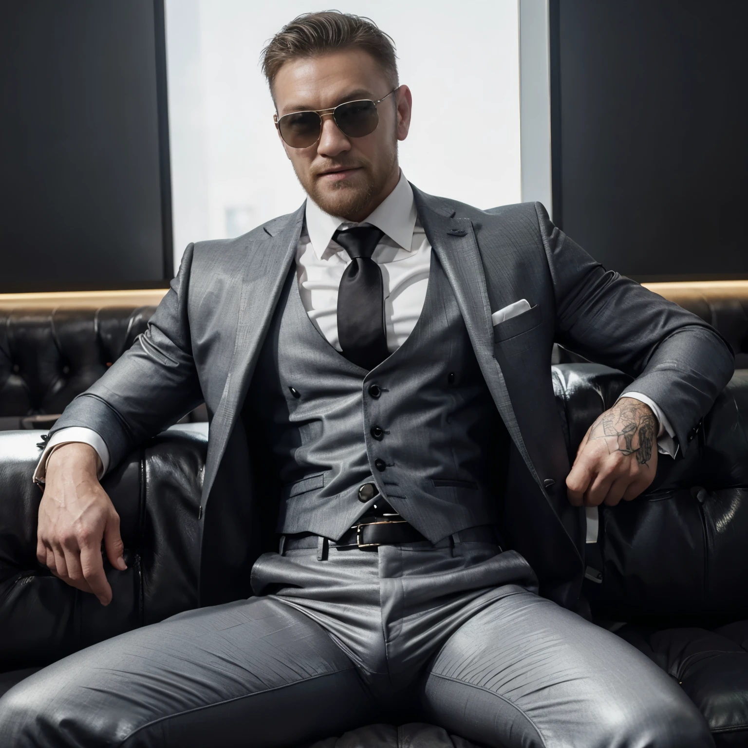 smiling conor mcgregor in shades, 30 years old,daddy,"shiny suit",wear white shirt, very shiny pants, necktie, waistcoat, shiny satin pants,dark gray satin fabric ,Daddy sit on the couch, k hd,in the office,"big muscle" ,Bblack hair,Asian guy,masculine,man strong,the boss is,bonitas,,leather gloves,lewd father,Look ahead,dad is bonitas,dad is bonitas, dad is "horny daddy"