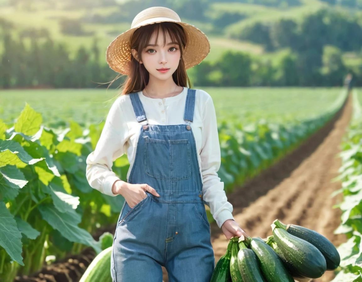 BREAK Perfect Anatomy、(High resolution:1.2)、Incredible illustrations、(Cute illustrations:1.2)、()
(cinematic angle,solo focus,) （Beautiful background（vegetable field),
  1girl(brown hair,twin tails) a girl,elf 1.7meters, 45kg,flat chest,  
  (straw hat,towel around neck,denim overalls,,oversized long sleeve shirt,work gloves)
A girl harvesting cucumbers from a cucumber field