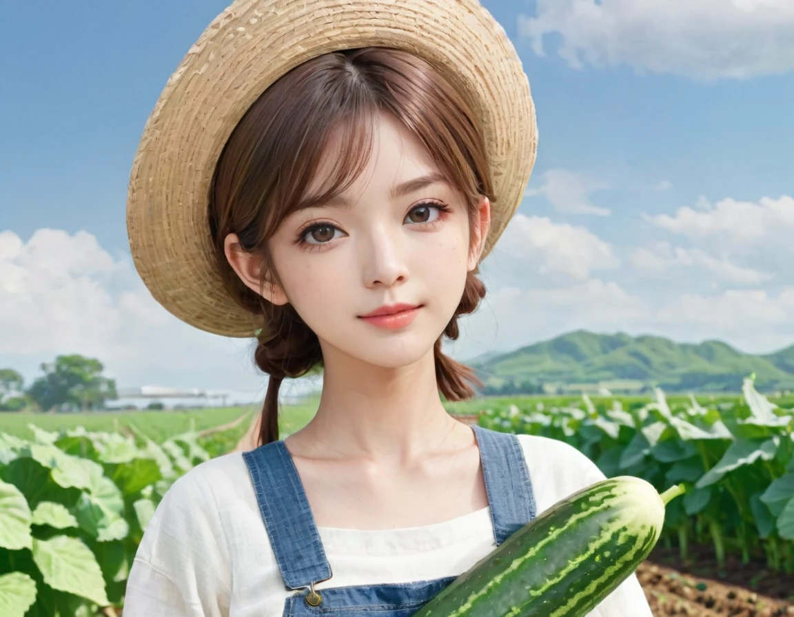 BREAK Perfect Anatomy、(High resolution:1.2)、Incredible illustrations、(Cute illustrations:1.2)、()
(cinematic angle,solo focus,) (Beautiful background(vegetable field),
1girl(brown hair,twin tails) a girl,elf 1.7meters, 45kg,flat chest,
(straw hat,towel around neck,denim overalls,,oversized long sleeve shirt,work gloves)
A girl harvesting cucumbers from a cucumber field