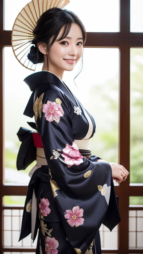 (Super beautiful woman in kimono)、((highest quality、8K masterpiece:1.3))、sharp focus:1.2、(super beautiful face:1.0)、(shiny skin:1.0)、realistic pictures、black hair、video lighting、High resolution eyes and face、video lighting、japanese actress、from the front、with a happy smile、whole body、wearing a kimono、in Kyoto、(luxury obi)、with a fan