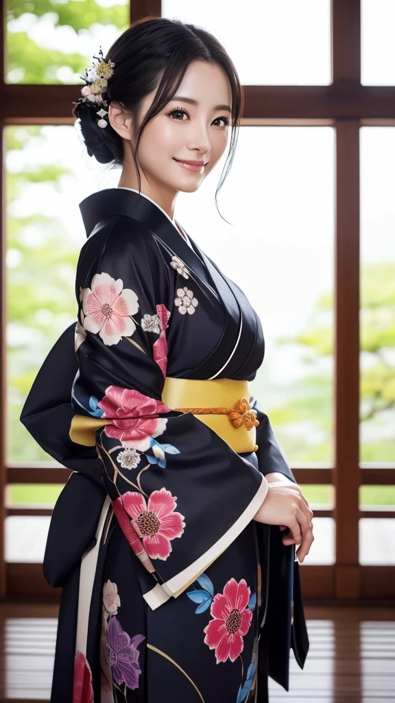 (Super beautiful woman in kimono)、((highest quality、8K masterpiece:1.3))、sharp focus:1.2、(super beautiful face:1.0)、(shiny skin:1.0)、realistic pictures、black hair、video lighting、High resolution eyes and face、video lighting、japanese actress、from the front、with a happy smile、whole body、wearing a kimono、in Kyoto、(luxury obi)、with a fan