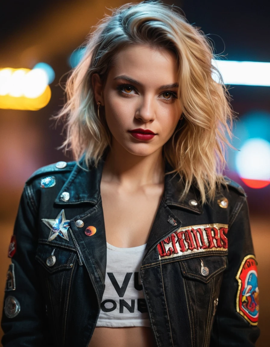 (masterpiece:1.7, best quality, ultra detailed, moonlight lights ratio, ultra realistic:1.3), Cinematic lighting:0.7, Beautiful blonde 24-year-old woman, asymmetrical hairstyle, wearing black denim jacket with metal band patches, white metal band t-shirt, heavy metal concert, college skirt, neon lights, canon 18 mm, night, realistic portrait, highly detailed, analog style, metal band playing behind her, victory sign, great anatomy, vivid brown eyes, natural colors eyes, natural skin texture, rosy cheeks, dark brown lipstick, complex and out-of-focus background, in style of Mario Testino, Gustave Moreau, Carne Griffiths Style, film grain ISO 800, RAW f1.8 aperture, analog photography, HDR colors, gothic interior, dark, elegant, and intimidating atmosphere
