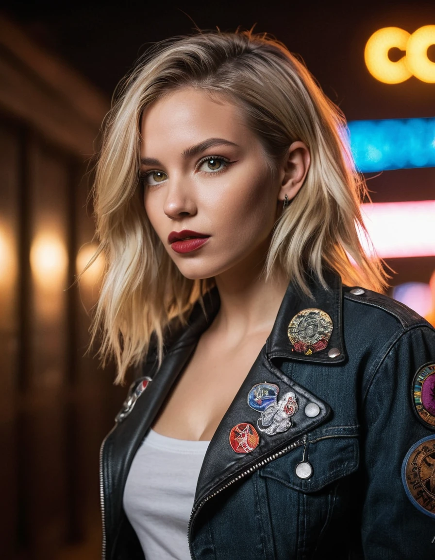 (masterpiece:1.7, best quality, ultra detailed, moonlight lights ratio, ultra realistic:1.3), Cinematic lighting:0.7, Beautiful blonde 24-year-old woman, asymmetrical hairstyle, wearing black denim jacket with metal band patches, white metal band t-shirt, heavy metal concert, college skirt, neon lights, canon 18 mm, night, realistic portrait, highly detailed, analog style, metal band playing behind her, victory sign, great anatomy, vivid brown eyes, natural colors eyes, natural skin texture, rosy cheeks, dark brown lipstick, complex and out-of-focus background, in style of Mario Testino, Gustave Moreau, Carne Griffiths Style, film grain ISO 800, RAW f1.8 aperture, analog photography, HDR colors, gothic interior, dark, elegant, and intimidating atmosphere