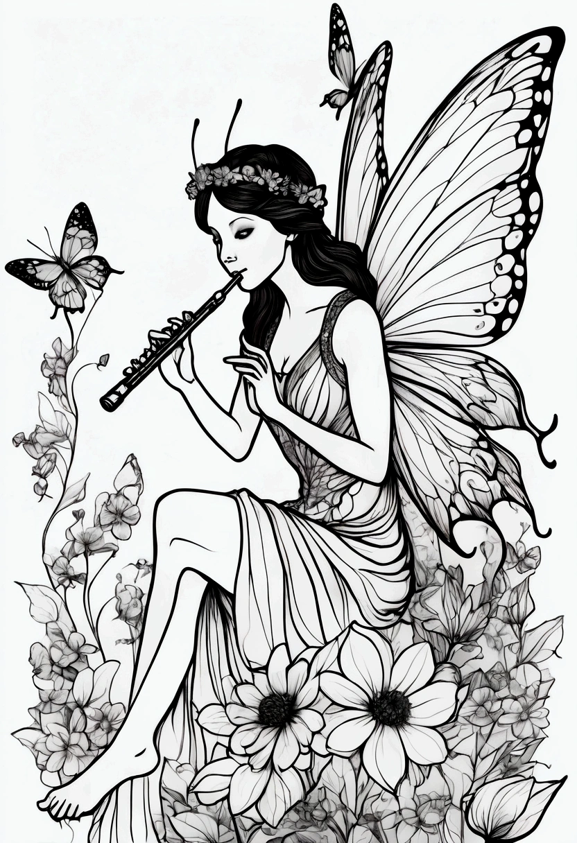A fairy sitting on a large flower, playing a flute. clean line art, white background, colouring page, clean outline, sketch style, clean lines, details line work, floral design, butterfly
