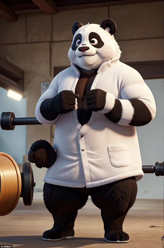 Panda, male, muscular, strong, in the dressing room, wearing one-piece, white medical protective clothing, wearing rubber gloves, revealing dicks and balls from the protective clothing, tied hands to the ceiling, wearing transparent medical goggles, ejaculate a lot of semen and part of it on the protective clothing, enjoying