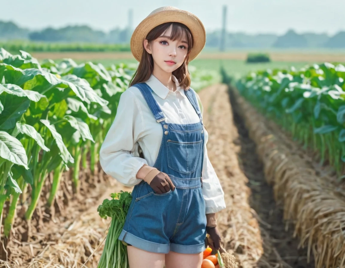 BREAK Perfect Anatomy、(High resolution:1.2)、Incredible illustrations、(Cute illustrations:1.2)、()
(cinematic angle,solo focus,) (Beautiful background(vegetable field),
1girl(brown hair,twin tails) a girl,elf 1.7meters, 45kg,flat chest,
(straw hat,towel around neck,denim overalls,,oversized long sleeve shirt,work gloves)
A girl harvesting crops in a vegetable field