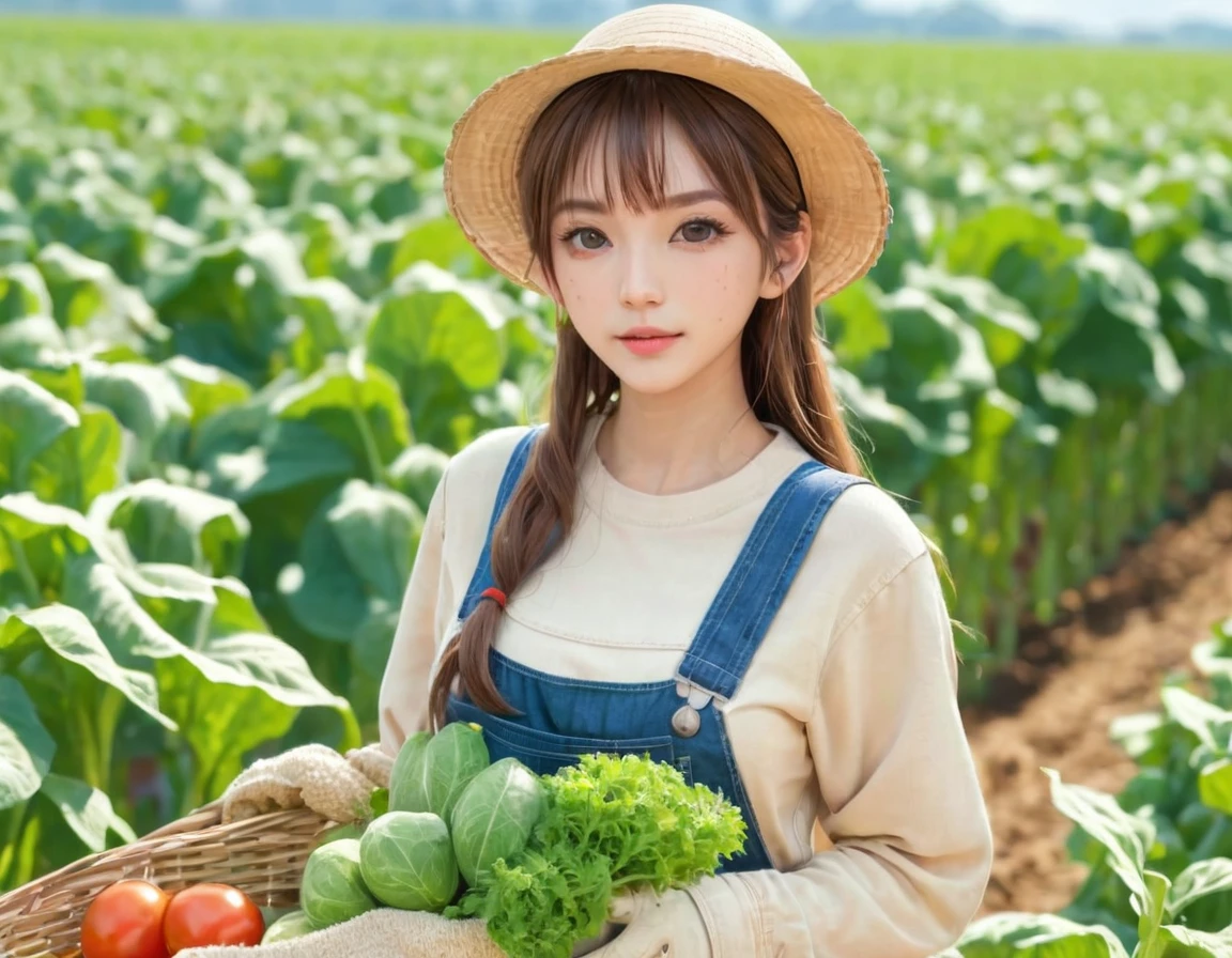 BREAK Perfect Anatomy、(High resolution:1.2)、Incredible illustrations、(Cute illustrations:1.2)、()
(cinematic angle,solo focus,) （Beautiful background（vegetable field),
  1girl(brown hair,twin tails) a girl,elf 1.7meters, 45kg,flat chest,  
  (straw hat,towel around neck,denim overalls,,oversized long sleeve shirt,work gloves)
A girl harvesting crops in a vegetable field
