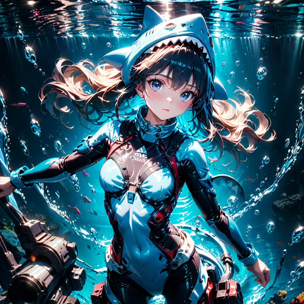 anime,shark girl,shark hood,diving suit,perfect anatomy,diving,innocent,water bubble,cinematic lighting,(masterpiece,8k,Professional,perfect composition,very aesthetic,absurdres,ultra-detailed,intricate details:1.4),perfect proportion