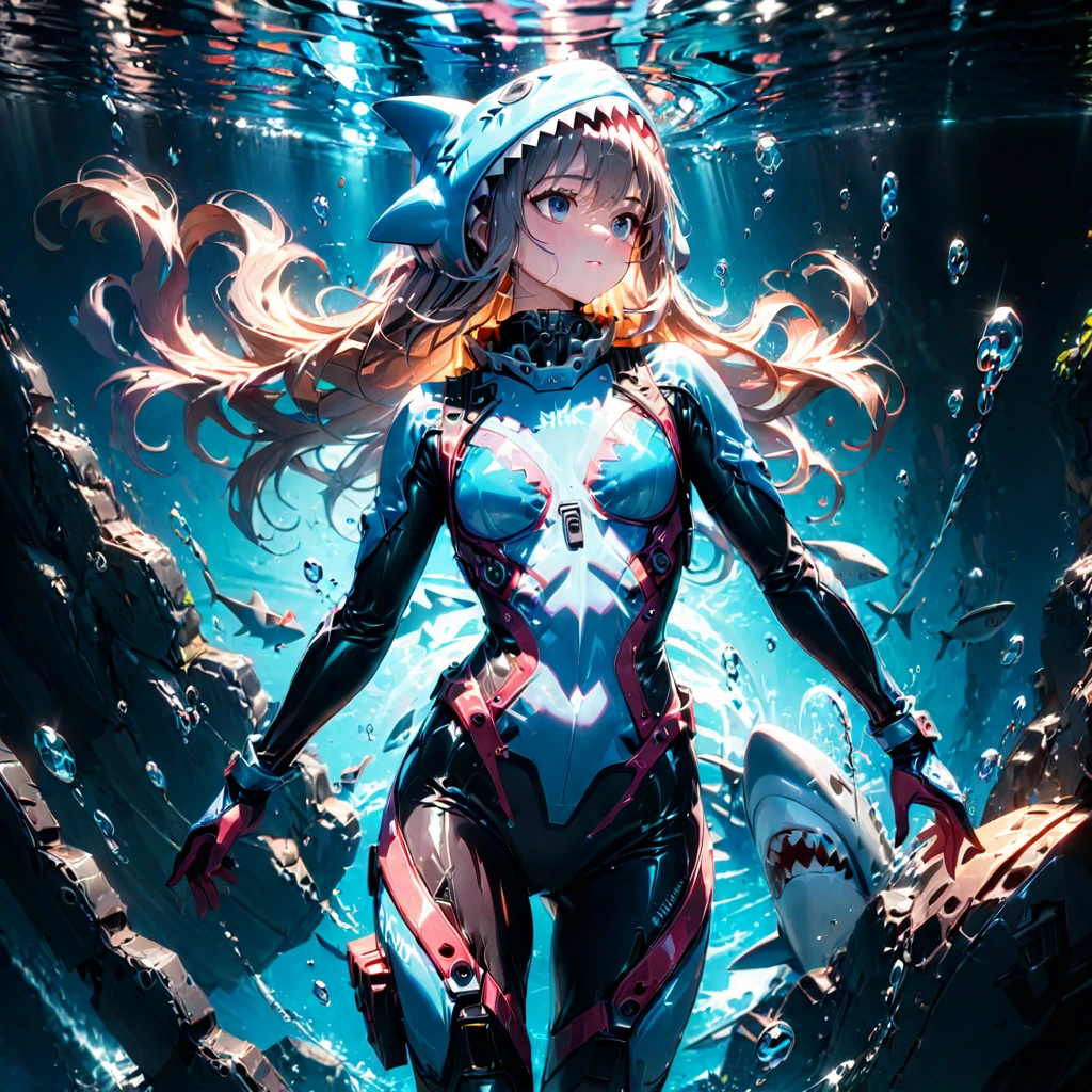 anime,shark girl,shark hood,diving suit,perfect anatomy,diving,innocent,water bubble,cinematic lighting,(masterpiece,8k,Professional,perfect composition,very aesthetic,absurdres,ultra-detailed,intricate details:1.4),perfect proportion
