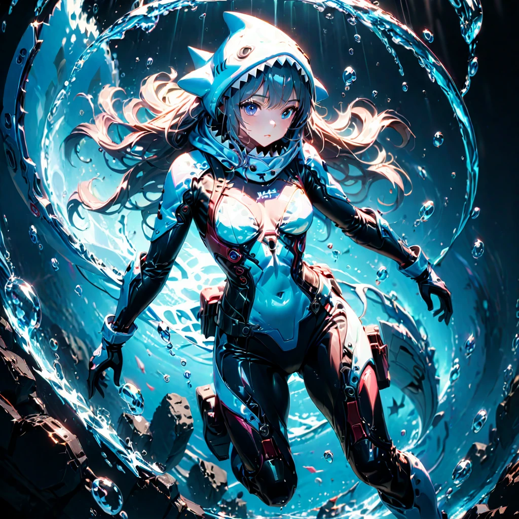 anime,shark girl,shark hood,diving suit,perfect anatomy,diving,innocent,water bubble,cinematic lighting,(masterpiece,8k,Professional,perfect composition,very aesthetic,absurdres,ultra-detailed,intricate details:1.4),perfect proportion