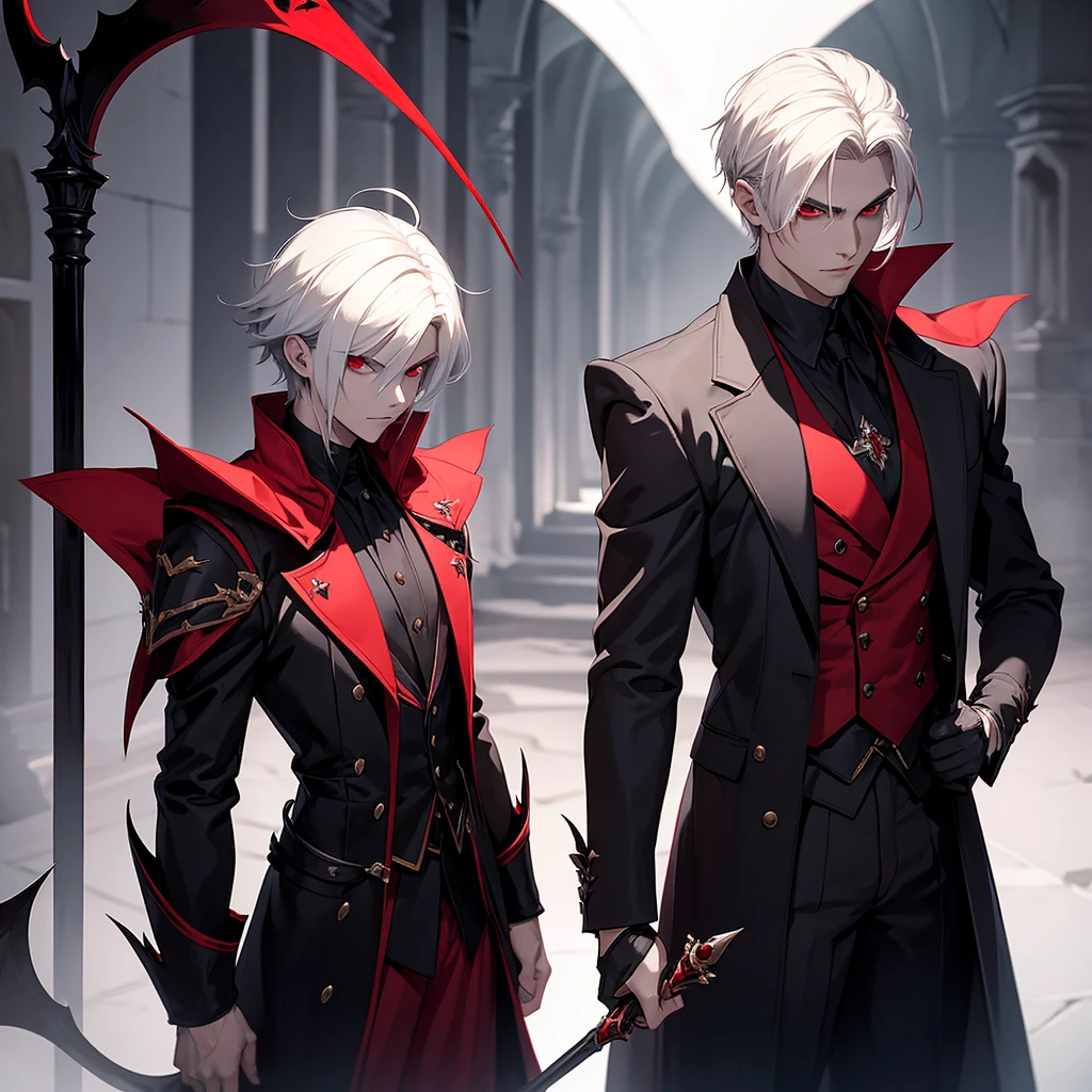 Tall male vampire with a young look, short white hair, red eyes and serious face wearing dark royalty clothes and holding a shadow rapier