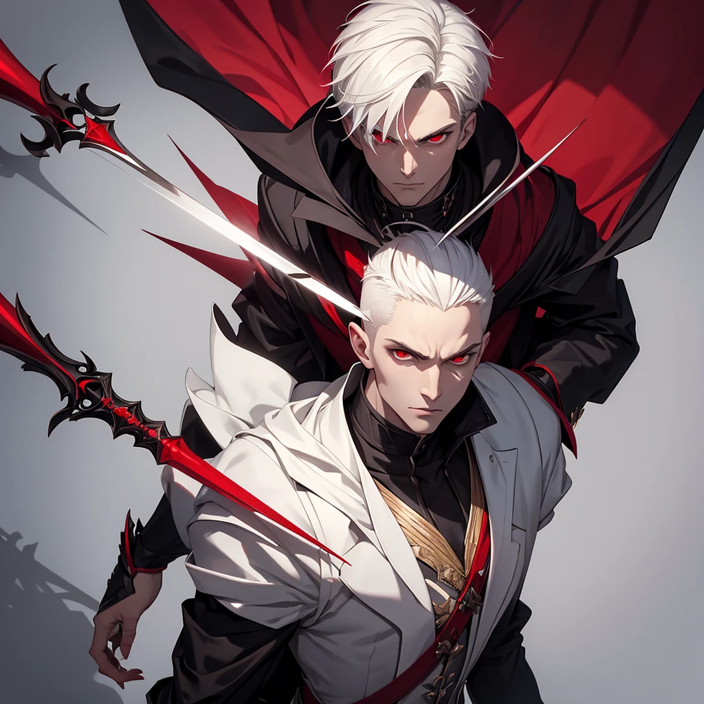 Tall male vampire with a young look, short white hair, red eyes and serious face wearing dark royalty clothes and holding a shadow rapier