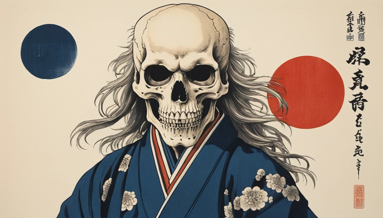 Cover your entire face with a skull mask, Highest quality, Katsushika Hokusai, Ink Painting, Delicate and precise, Modern ukiyo-e style, long hair, Japanese flag