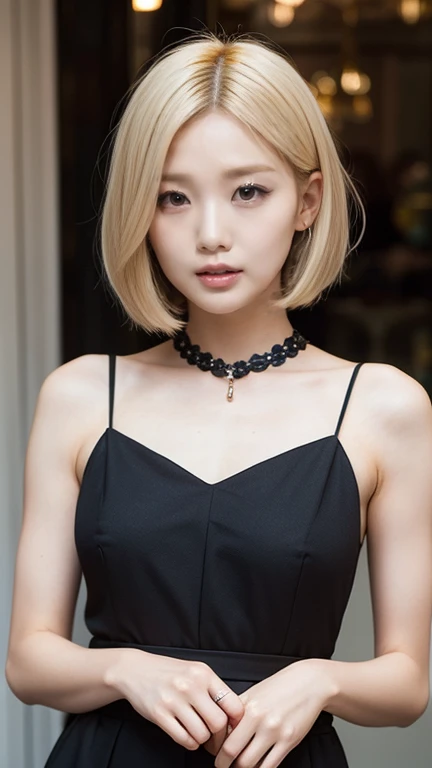 1 female,short bob hair,blonde,looking at the viewer,There&#39;s a light in my eyes,A big smile,summer knit、cleavage,front view,to close range,cleavage emphasis,,sexy,